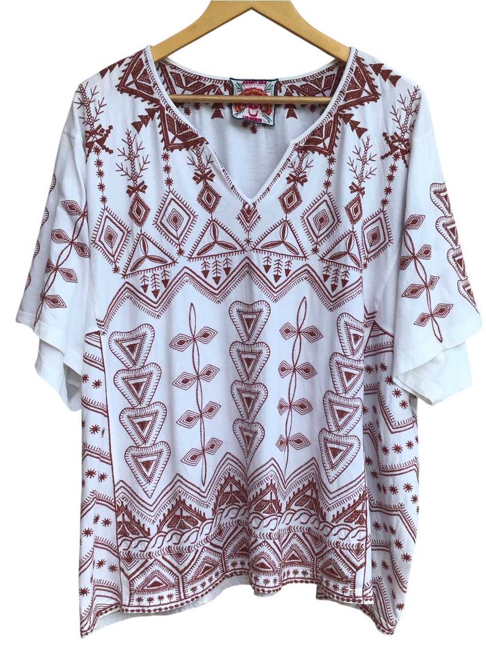 Johnny Was Eyal Geometric Embroidered V-Neck Boho Top